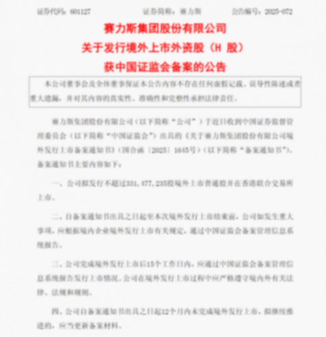 賽力斯：發行境外上市外資股（H股）獲中國證監會備案